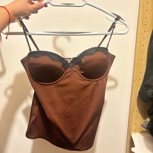 Zara Chocolate Brown Satin Camisole with Black Lace